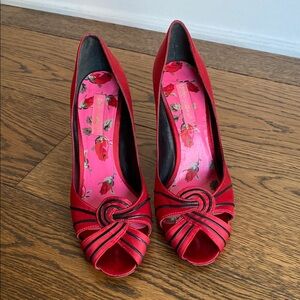 Betsey Johnson Red Satin Peep Toe Heels